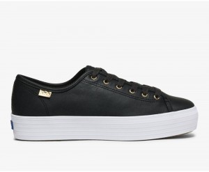 Keds Triple Kick Luxe Deri Kadın Spor Ayakkabı Siyah | QBX206819