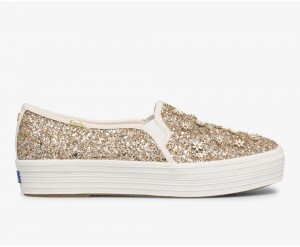 Keds x Kate Spade New York Triple Decker Glitter Flowers Kadın Slip On Altın | MOL241906