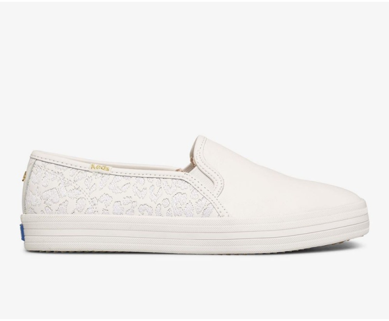 Keds x Kate Spade New York Double Decker Embroidered Deri Kadın Slip On Beyaz | GVO728501